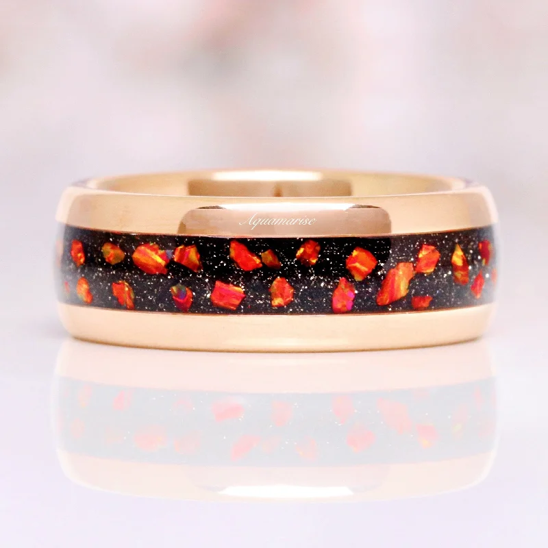 Red Fire Opal & Starry Night Wedding Band- 8MM Rose Gold Tungsten