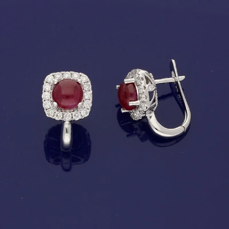 14ct White Gold Cabochon Ruby & Diamond Cluster Earrings