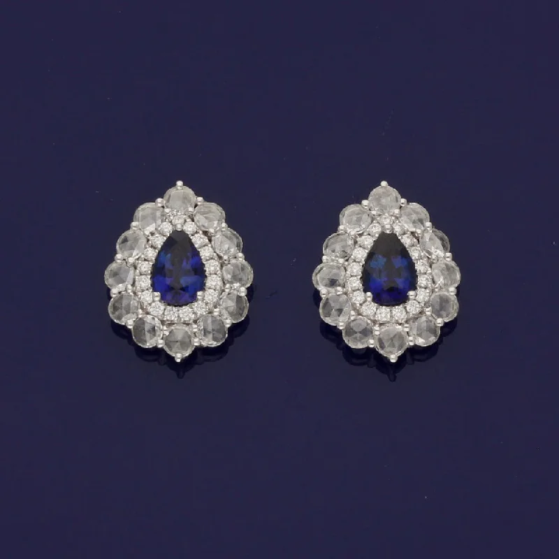 18ct White Gold Sapphire and Rose Cut Diamond Tear Drop Stud Earrings