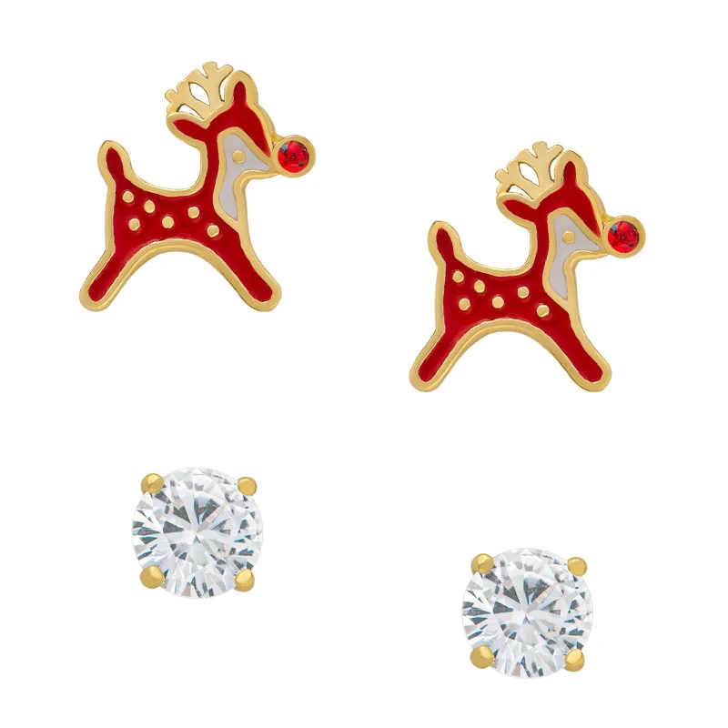 Reindeer & Lab Created White Sapphire Holiday Stud Set in Sterling Silver